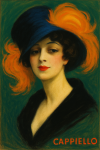 Portrait illustré d’une femme en silhouette colorée sur fond noir, style Leonetto Cappiello
