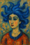 Portrait d'une femme aux cheveux bleus flottants dans le style onirique de Marc Chagall