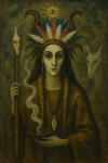 Portrait d'une femme chamane dans le style surréaliste de Leonora Carrington