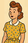 Portrait d'une femme en robe vintage, style ligne claire d'Hergé