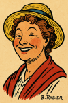 Portrait d’une femme au sourire expressif, traité dans un style coloré et humoristique façon Benjamin Rabier