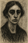 Portrait d'une femme en style expressionniste, avec des traits bruts et encre noire, façon Louis Soutter