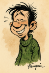 Portrait dessiné d’un homme au sourire maladroit dans un style de bande dessinée expressive