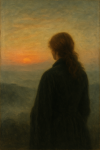 Portrait romantique d'une femme de dos contemplant l'horizon, style Caspar David Friedrich