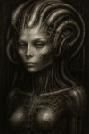 Portrait biomécanique d'une femme avec des implants organiques, style Hans Ruedi Giger