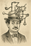 Portrait d’un homme avec une machine absurde attachée à son chapeau, style Rube Goldberg