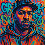Portrait d’un homme entièrement dessiné en graffiti coloré, lettrage et contours stylisés
