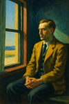 Portrait d’un homme assis près d’une fenêtre, style Edward Hopper