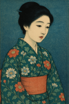 Portrait d'une jeune femme japonaise en kimono, style estampe Hasui Kawase