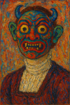 Portrait d'une femme avec un masque coloré, style James Ensor