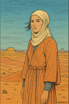 Portrait d'une femme aux cheveux flottants dans un décor désertique, style Moebius