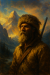 Buste d'explorateur avec fond de montagnes stylisées, style Thomas Moran