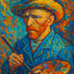 Portrait d’un artiste avec coups de pinceau dynamiques et couleurs vives dans le style de Van Gogh