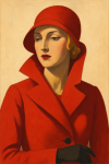 Portrait graphique d'une femme en manteau rouge, style Tom Purvis