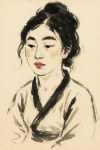 Portrait d'une femme aux traits spontanés à l'encre et aquarelle, style Qi Baishi