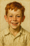Portrait d’un jeune garçon souriant dans un style réaliste à la Norman Rockwell