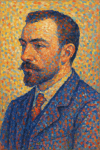 Portrait d’un visage humain en points lumineux et colorés, style Paul Signac