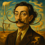 Portrait surréaliste inspiré de Salvador Dalí avec moustache exagérée et arrière-plan onirique