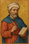 Portrait d'un médecin médiéval sur fond doré, style Tacuinum sanitatis