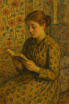 Portrait d'une femme lisant dans un intérieur aux motifs floraux, style Edouard Vuillard