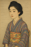 Portrait d’une jeune femme en kimono, style estampe Hiroshi Yoshida