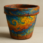 Photo réaliste d’un pot de fleurs ancien avec des couleurs vibrantes dans l’esprit Van Gogh