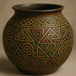 Photo réaliste d'un poterie celtique aux motifs géométriques, façon Paul Sérusier
