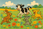 Prairie fleurie avec des animaux qui jouent, dans un style coloré façon Benjamin Rabier
