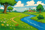 Prairie avec rivière et village au loin, style Albert Uderzo