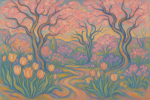 Scène de printemps avec tons pastels et formes déformées, style Edvard Munch