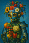 Robot futuriste formé de fleurs, légumes et poissons, style Arcimboldo