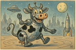 Robot vache rigolote dans une scène futuriste, illustrée à la manière de Benjamin Rabier