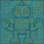 Robot futuriste décoré de motifs abstraits, style Adolf Wölfli