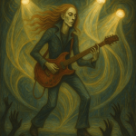 Rockstar sur scène avec lumières éclatantes, style Remedios Varo