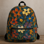 Photographie réaliste d'un sac à dos avec motifs floraux colorés, style Georges Braque