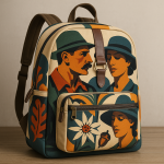 Photographie réaliste d’un sac à dos aux motifs inspirés de Ludwig Hohlwein