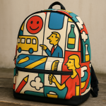 Photo réaliste d’un sac à dos avec motifs colorés rétro
