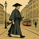 Samouraï stylisé dans un décor viennois 1900, en aplats de couleurs, style Julius Klinger