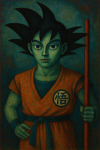 Sangoku réinterprété comme une créature mythologique dans un décor onirique, style Félix Labisse