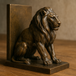 Photo réaliste d'un serre-livre en bronze représentant un lion, style Antoine-Louis Barye