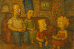 Les Simpson dans leur salon traité dans le style intimiste d'Edouard Vuillard