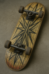 Photo réaliste d'un skateboard avec des motifs décoratifs anguleux, style Bernard Buffet