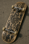 Photographie réaliste d’un skateboard décoré avec des motifs à l’encre noire, style Louis Soutter