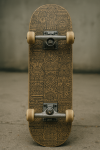Photographie réaliste d'un skateboard décoré de motifs complexes inspirés de Wölfli