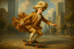 Scène insolite : un skateur vêtu d'un costume rococo dans une ville moderne