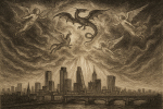 Gratte-ciel modernes plongés dans une lumière apocalyptique façon William Blake