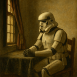 Stormtrooper de Star Wars assis près d'une fenêtre, lumière douce inspirée de Vermeer