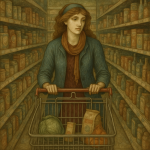 Femme moderne poussant un caddie dans un supermarché au style préraphaélite