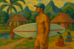 Surfeur moderne dans un village tahitien au style de Paul Gauguin