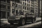 SUV garé en centre-ville représenté comme une gravure Vallotton